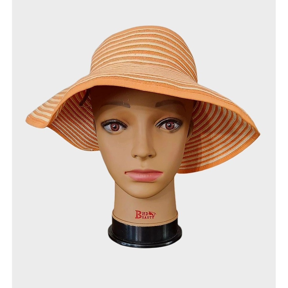 Orange White Stripes‎ Full Coverage - Wide Brim Roll Up Paper Visor Hat Women's